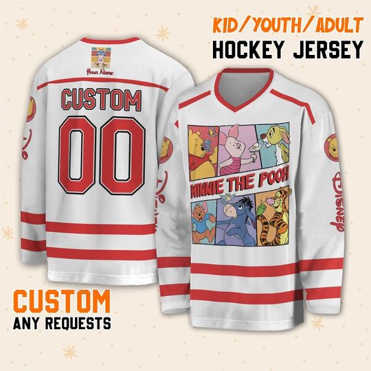 Personalize Retro Winnie The Pooh Piglet Eeyoe Tigger, Custom Ice Hockey Jersey Sweatshirt Team Sports Disneyland Family Birthday Gift