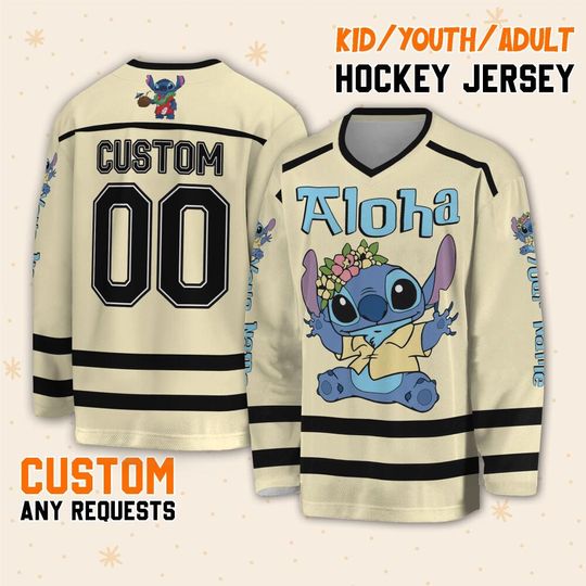 Personalize Vintage Disney Stitch Aloha, Custom Ice Hockey Jersey Sweatshirt Team Sports Disneyland Family Vacation Birthday Gift For Fans