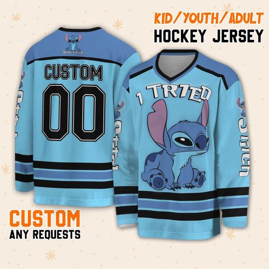 Personalize Vintage Disney Stitch I Tried, Custom Ice Hockey Jersey Sweatshirt Team Sports Disneyland Family Vacation Birthday Gift For Fans