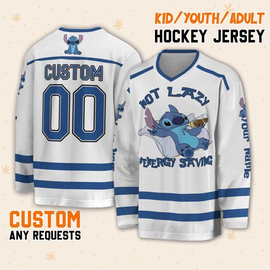 Personalize Vintage Disney Stitch Not Lazy #Energy Saving, Custom Ice Hockey Jersey Sweatshirt Team Sports Disneyland Family Birthday Gift