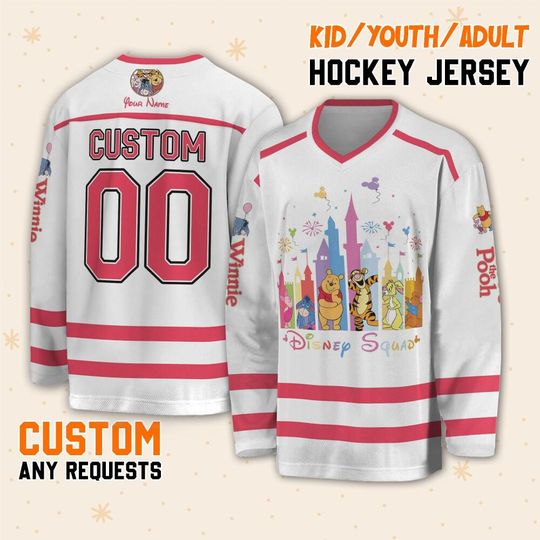 Personalize Winnie The Pooh Disney Squad, Custom Ice Hockey Jersey Sweatshirt Team Sports Disneyland Family Vacation Birthday Gift For Fans