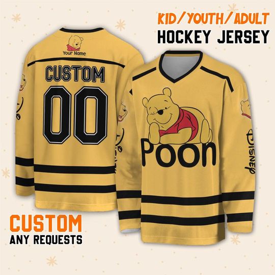 Personalize Winnie The Pooh Happy And Cute, Custom Ice Hockey Jersey Sweatshirt Team Sports Disneyland Family Trip Birthday Gift For Fans