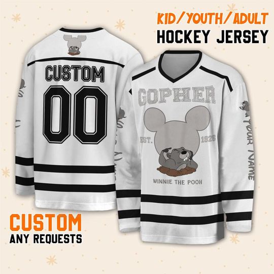 Personalize Winnie The Pooh Gopher, Custom Ice Hockey Jersey Sweatshirt Team Sports Disneyland Family Trip Vacation Birthday Gift For Fans
