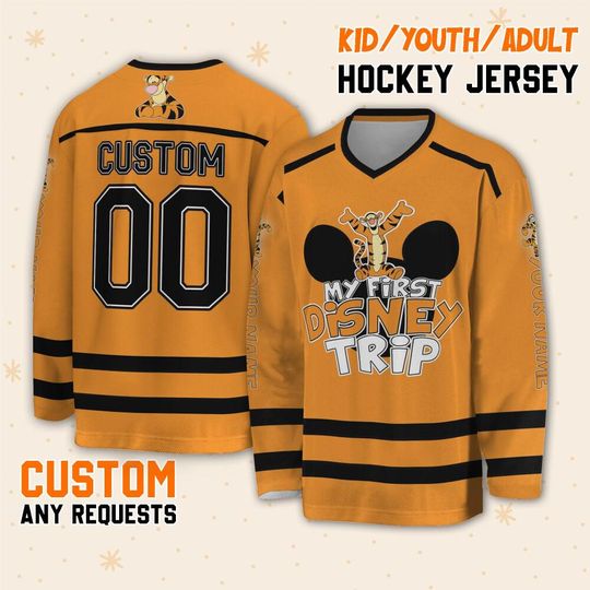 Personalize Winnie The Pooh My First Disney Trip Tigger, Custom Ice Hockey Jersey Sweatshirt Team Sports Disneyland Family Birthday Fan Gift