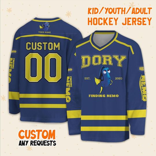 Personalized Disney Finding Nemo Vintage Dory Hockey, Ice Hockey Jersey Sweatshirt Team Sports Disneyland Family Trip Birthday Gift For Fans