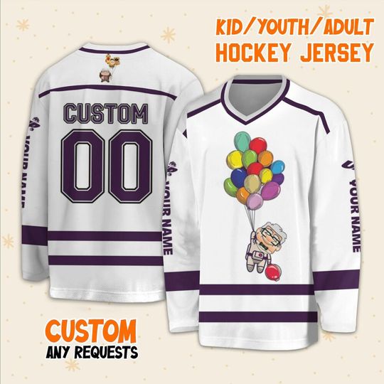 Personalized Disney Pixar UP Carl Fly Away Hockey Casey, Ice Hockey Jersey Sweatshirt Team Sports Disney Family Trip Birthday Gift For Fans