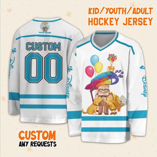 Personalized Disney UP Carl Russell Cute Dug Kevin House Balloon Hockey Casey, Ice Hockey Jersey Sweatshirt Team Family Birthday Gift