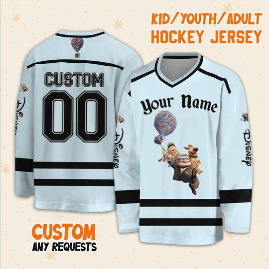 Personalized Disney UP House Fly With Balloon Hockey Casey, Ice Hockey Jersey Sweatshirt Team Disney Family Trip Birthday Gift For Fans