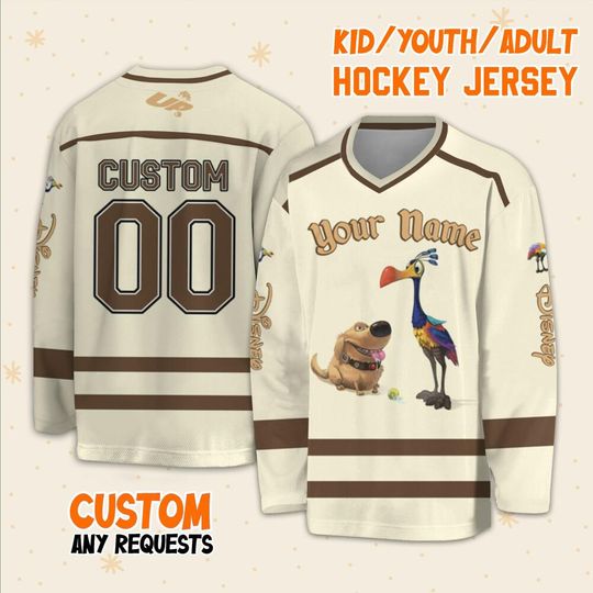 Personalized Disney UP Dug And Kevin Hockey Casey, Ice Hockey Jersey Sweatshirt Team Sports Disneyland Family Trip Birthday Gift For Fans