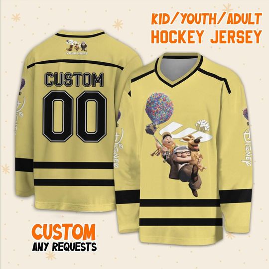 Personalized Disney UP Russell Carl And Dug Hockey Casey, Ice Hockey Jersey Sweatshirt Team Sports Disney Family Trip Birthday Gift For Fans