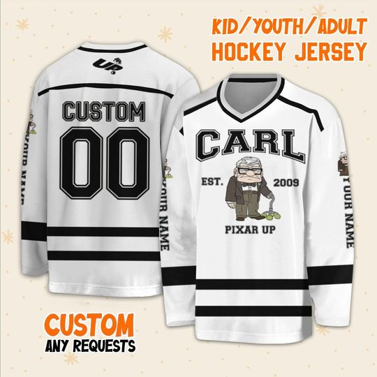 Personalized Disney UP Vintage Carl Hockey Casey, Ice Hockey Jersey Sweatshirt Team Sports Disneyland Family Trip Birthday Gift For Fans