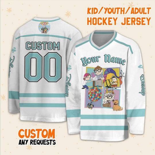 Personalized Disney UP Retro Carl Ellie House Balloons Hockey Casey, Ice Hockey Jersey Sweatshirt Team Family Trip Birthday Gift For Fans