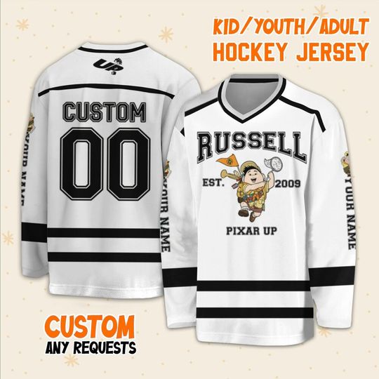Personalized Disney UP Vintage Russell Hockey Casey, Ice Hockey Jersey Sweatshirt Team Sports Disneyland Family Trip Birthday Gift For Fans