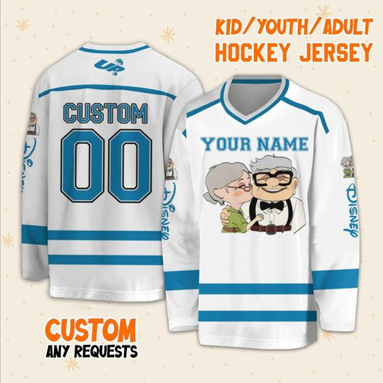 Personalized Disney UP Vintage Ellie And Carl Hockey Casey, Ice Hockey Jersey Sweatshirt Team Disneyland Family Trip Birthday Gift For Fans