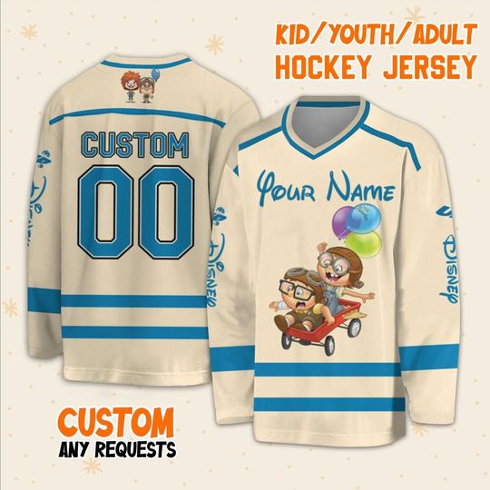 Personalized Disney UP Kid Ellie And Carl Hockey Casey, Ice Hockey Jersey Sweatshirt Team Sports Disney Family Trip Birthday Gift For Fans
