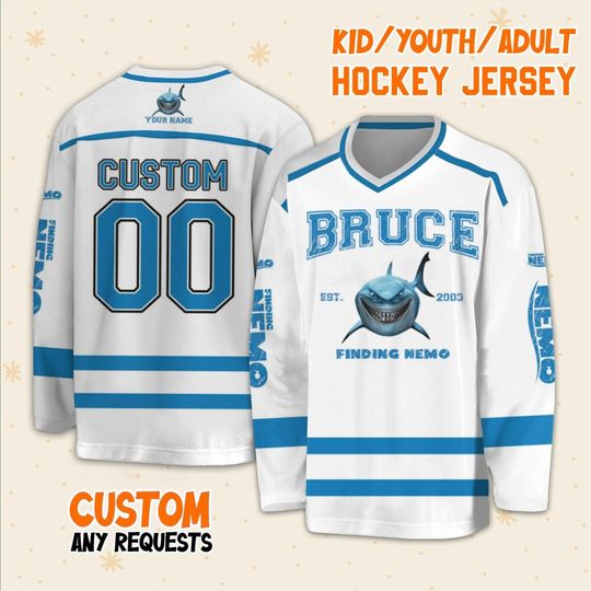 Personalized Disney Finding Nemo Vintage Bruce, Ice Hockey Jersey Sweatshirt Team Sports Disneyland Family Trip Birthday Gift For Fans