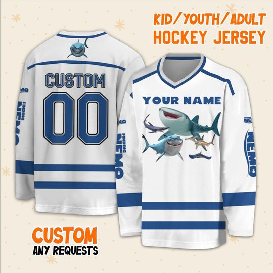 Personalized Disney Finding Nemo Shark Characters, Ice Hockey Jersey Sweatshirt Team Sports Disneyland Family Trip Birthday Gift For Fans