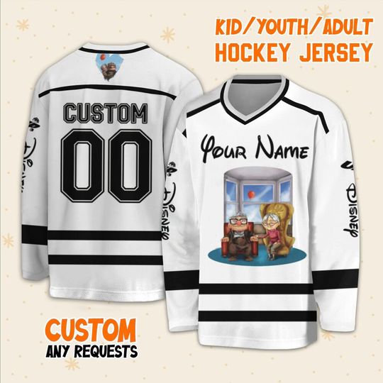 Personalized Disney UP Carl Fredricksen And Ellie Fredricksen Hockey Casey, Ice Hockey Jersey Sweatshirt Team Family Birthday Gift For Fan