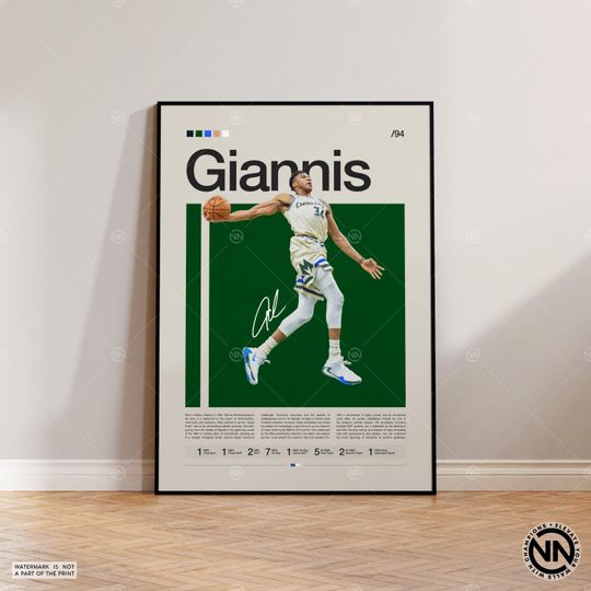 Giannis Antetoko Poster, Milwaukee Bucks Poster, Sports Poster, Mid Century Modern, NBA Fans, Basketball Gift, Sports Bedroom Posters