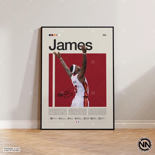 Lebron James Poster, Miami Heat Poster, NBA Poster, Sports Poster, Mid Century Modern, NBA Fans, Basketball Gift, Sports Bedroom Posters