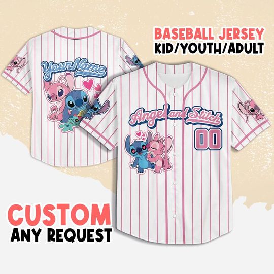 Custom Angel and Stitch Pink Baseball Jersey, Disney Christmas Angel and Stitch Jersey, Disney Baseball Team Outfit