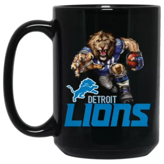 Detroit Lions Roary Logo Player Mascot Black 15 oz Ceramic Coffee Mug Cup