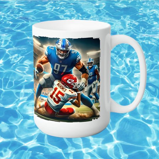 Aidan Hutchinson coffee mug, Super bowl photo cup, Aiden Hutchinson tackle mug, Hutchinson tackle Mahomes. Detriot Lions coffee cup