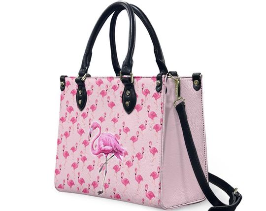 Pink Flamingo Leather Women Handbag, Flamingo Leather Bag, Lover Flamingo Leather Handbag
