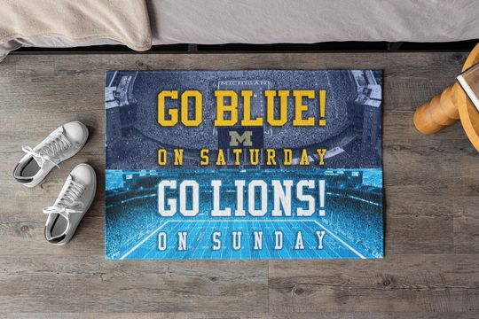 Discover Go Blue on Saturday, Go Lions on Sunday Indoor Doormat | The Big House and Ford Field Design | Football Fan Decor