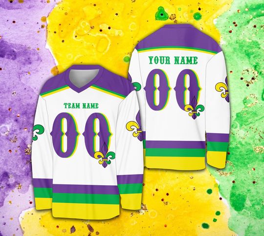 Custom Mardi Gras Ice Hockey Jersey, Personalized Fleur De Lis Hockey Shirt, Hockey Team Jersey, Mardi Gras Carnival Sports Uniform For Fans
