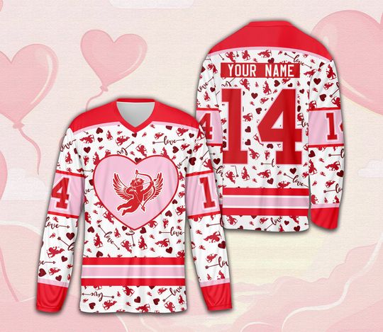 Custom Valentine's Day Ice Hockey Jersey, Personalized Cupid Valentine Hockey Shirt, Hockey Team Jersey, Love Valentine Gift, Sports Uniform