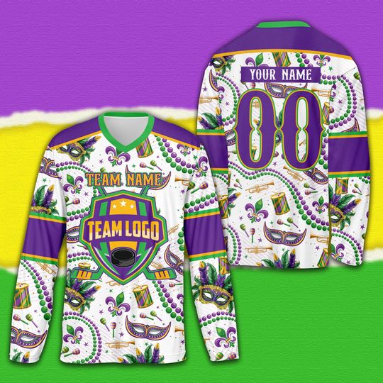 Custom Mardi Gras Ice Hockey Jersey, Personalized Fleur De Lis Hockey Shirt, Mardi Gras Parade, Mardi Gras Carnival Sports Uniform For Fans