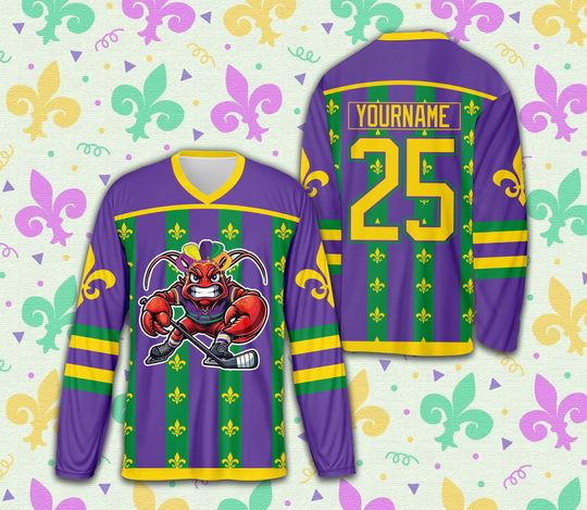 Custom Mardi Gras Crawfish Ice Hockey Jersey, Personalized Fleur De Lis Hockey Shirt, Hockey Team Jersey, Mardi Gras Carnival Sports Uniform