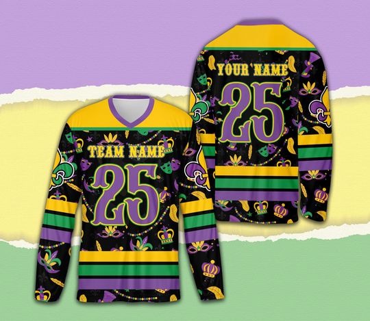 Custom Mardi Gras Parade Ice Hockey Jersey, Personalized Fleur De Lis Hockey Shirt, Hockey Team Jersey, Mardi Gras Carnival Sports Uniform