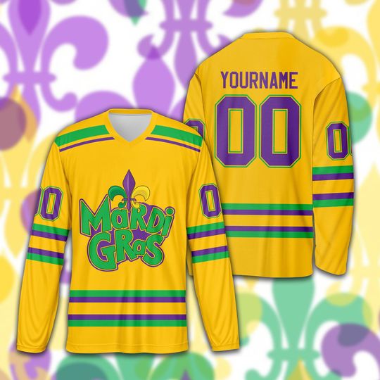 Custom Mardi Gras Ice Hockey Jersey, Personalized Fleur De Lis Hockey Shirt, Hockey Team Jersey, Mardi Gras Carnival Sports Uniform For Fans