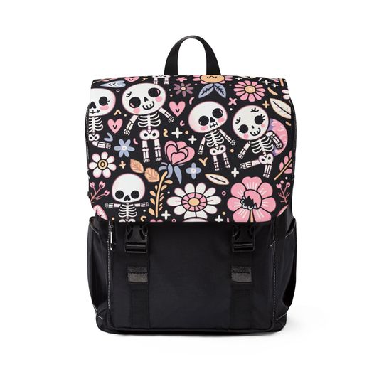 Skeletons and Flowers Unisex Casual Shoulder Backpack