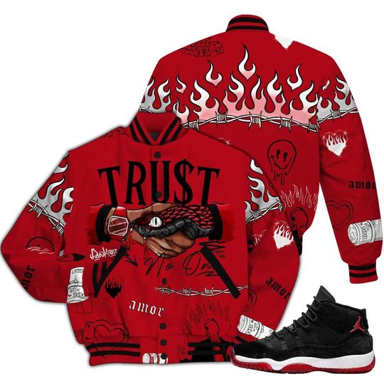 Bred Velvet 11s Varsity Jacket, Trust No One Baseball Jackets