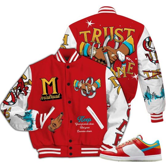 Dunk Low Fruity Pebbles Varsity Jacket, Trust No One Snake-Bite Street Style Baseball Jackets