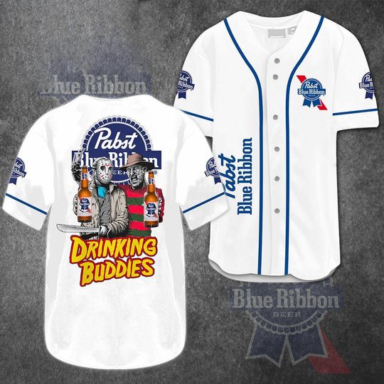 White Drinking Buddies Pabst Blue Ribbon Baseball Jersey - Pabst Blue Ribbon Jersey Shirt For Men Women, Pabst Blue Beer Baseball Shirt
