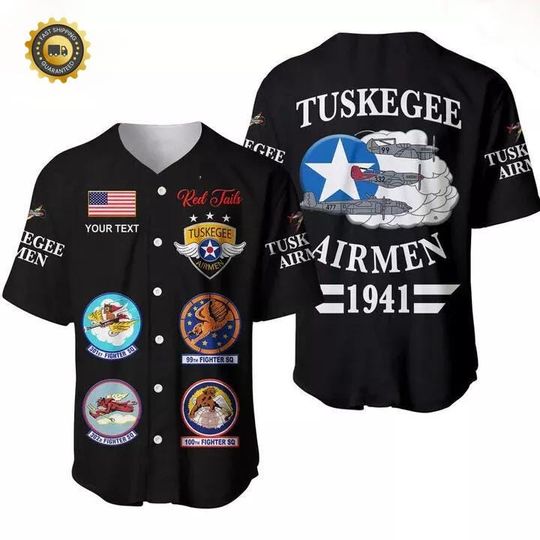 Tuskegee Airmen 1941 Black Baseball Jersey - Honor the Red Tails with Squadron Patches