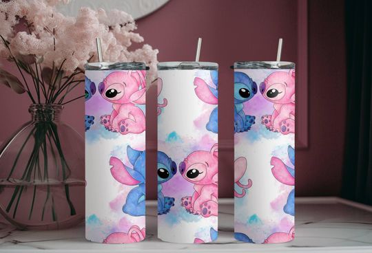 Stitch and Angel Tumbler, Disney Stitch Tumbler, Skinny Tumbler Cup with Straw & Lid, 20oz Steel Tumbler, Christmas Gift, Stitch Lovers Gift