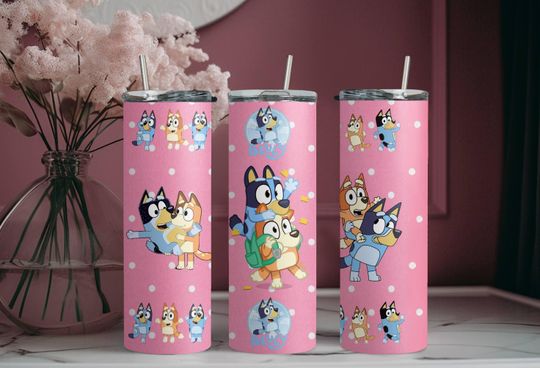 Pink BlueyDad And Bingo Tumbler, Skinny Tumbler Cup with Straw & Lid, 20oz Stainless Steel Tumbler, BlueyDad Family Tumbler, BlueyDad Christmas Gift