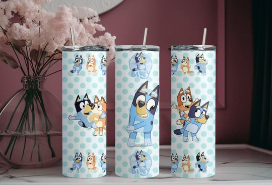 BlueyDad And Bingo Tumbler, Skinny Tumbler Cup with Straw & Lid, 20oz Stainless Steel Tumbler, BlueyDad Family Tumbler, BlueyDad Sublimated Drinkware