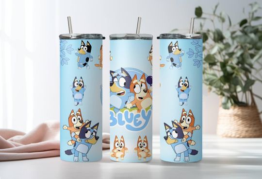 Cute BlueyDad Tumbler, BlueyDad and Bingo, Skinny Tumbler Cup with Straw & Lid, 20oz Stainless Steel Tumbler, BlueyDad Family Tumbler, BlueyDad Gifts