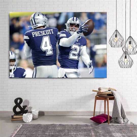 Dallas Cowboys Print Dak Prescott and Ezekiel Elliott Canvas, Dallas Football Print Sports Wall Art Kids Room Decor Man Cave Canvas Gifts