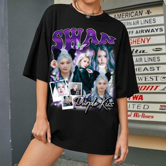 Discover Retro Swan Purple Kiss Graphic T-shirt, Purple Kiss HeadWay Tour 2025 Shirt, On My Bike Shirt, Purple Kiss Members Goeun, Dosie, Ireh