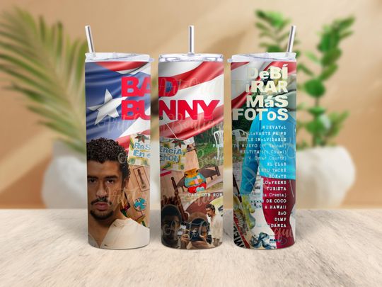 Bad Bunny Tumbler with Lid and Straw | 20oz Tumbler | Bad Bunny New Album Tumbler
