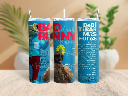Bad Bunny Tumbler with Lid and Straw | 20oz Tumbler | Bad Bunny New Album Tumbler