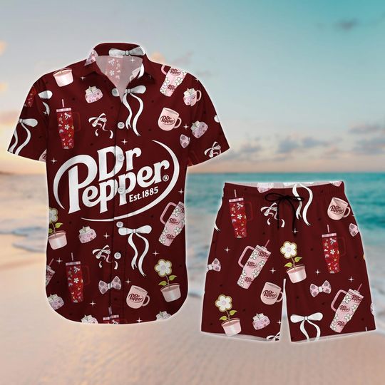 Dr Pepper Bow Coquette Button Shirt And Shorts, Soda Lover Hawaii Shirt, Beach Hawaiian Shirt