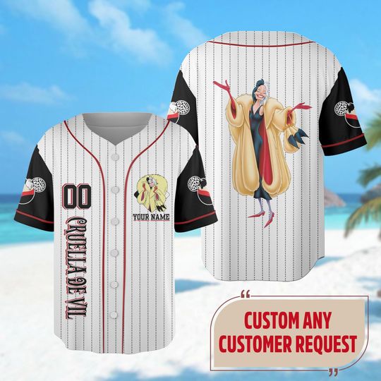 Custom Cruella de Vil Baseball Jersey, 101 Dalmatians Baseball Jersey Team, Horror Character Shirt, Villain Halloween Jersey Shirt